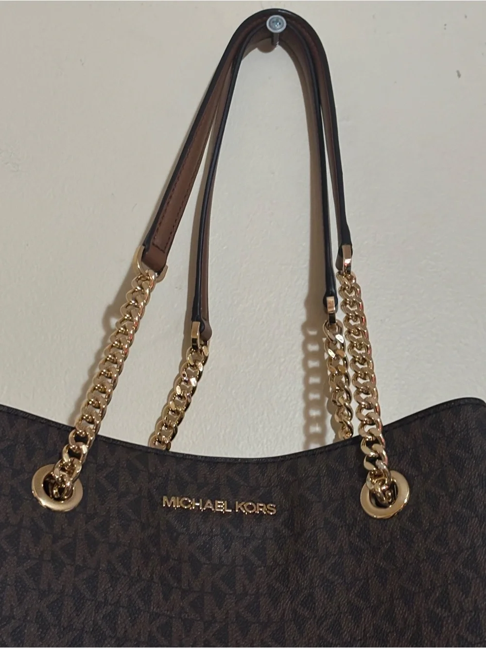 Michael Kors Dark Brown MK Logo Tote with Gold Hardware